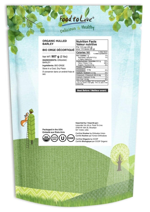 2 100% Food to Live Organic Hulled Barley, Pounds Non-GMO, Whole Grain, Kosher, Vegan, Bulk. Suited for Home Brewing