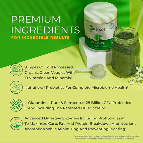 One Sol Greens, Super Greens Powder to Reduce Bloating & Improve Gut Health, Superfood Fresh Bloom Organic Greens Blend