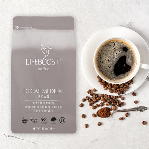 12 oz Lifeboost Medium Roast Swiss Water Decaf Whole Bean Coffee - Low Acid Organic Decaf Coffee, Non-GMO, USDA
