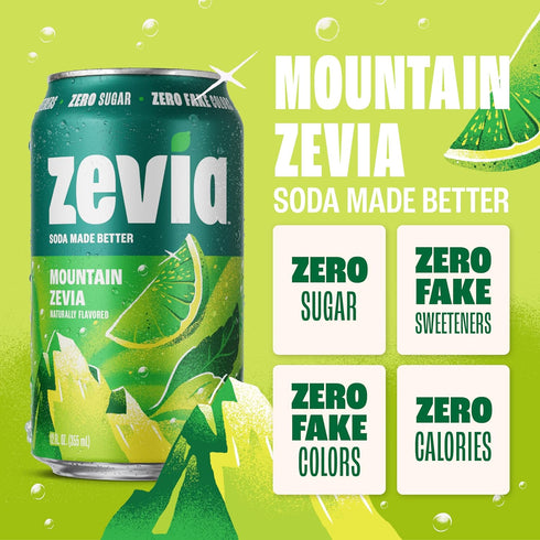12 oz (24-Pack) Zevia Zero Sugar Soda, Mountain Zevia, Cans Naturally Sweetened, Non-GMO Project Verified, Gluten-Free