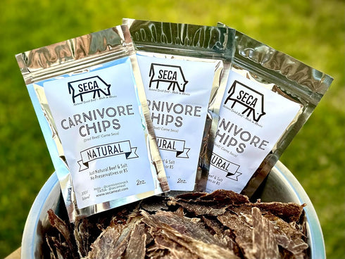 2 (3-Pack, 2oz SECA Carnivore Chips Crispy Slow-Dried Beef Chips with Kosher Salt Ingredients, No Preservatives, No