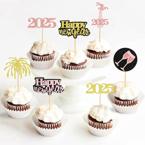 24 Pcs Happy New Year Cupcake Toppers, Glitter Rose Gold and Gold, Cheers to 2025 Decoration