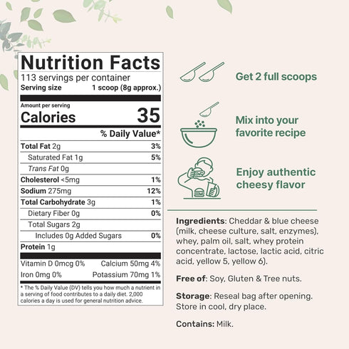 2lbs Cheddar Cheese Powder with Whey Protein Concentrate, | Made from Real Raw Cheese | Authentic Sharp Flavor | All