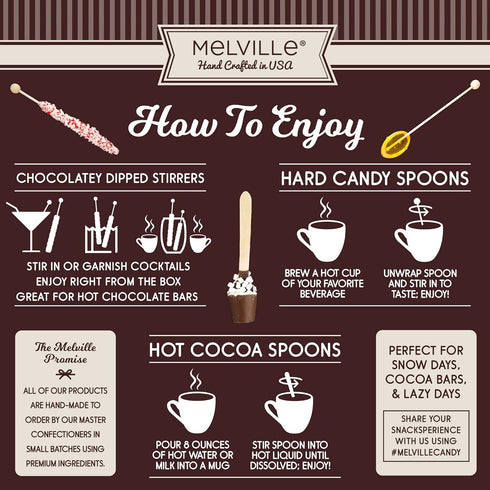 8 Count Melville Candy Gourmet Chocolate Stirrers - Naturally Flavored Hot Cocoa Stirrers for Beverages - Peppermint