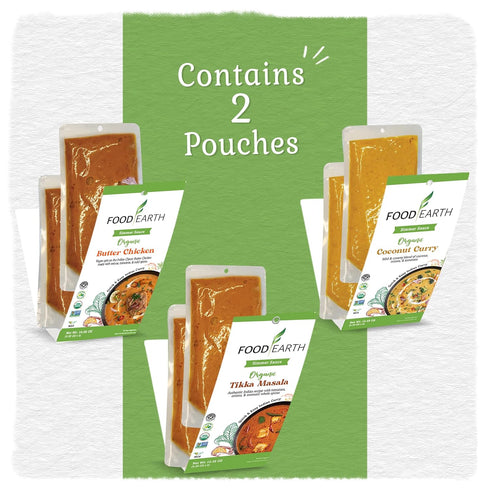 Food Earth Indian Simmer Sauces, Butter Chicken, Coconut Curry, Tikka Masala - 6 Pouches x 5.29 oz