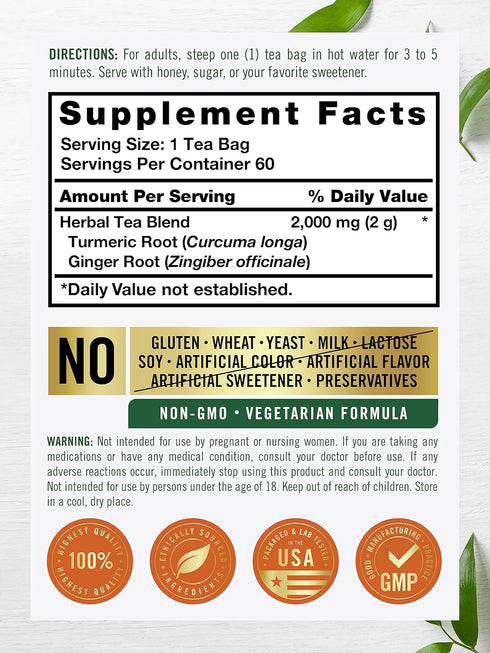 60 Count Carlyle Turmeric Tea Bags with Ginger | | Caffeine Free | Non-GMO & Gluten Free Herbal Tea Supplement