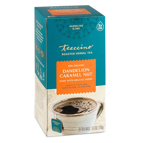 Teeccino Dandelion Caramel Nut Tea, 25 Tea Bags, Caffeine Free, Herbal Tea with Prebiotics