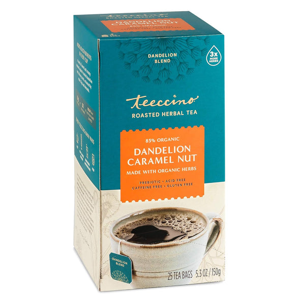 Teeccino Dandelion Caramel Nut Tea, 25 Tea Bags, Caffeine Free, Herbal Tea with Prebiotics