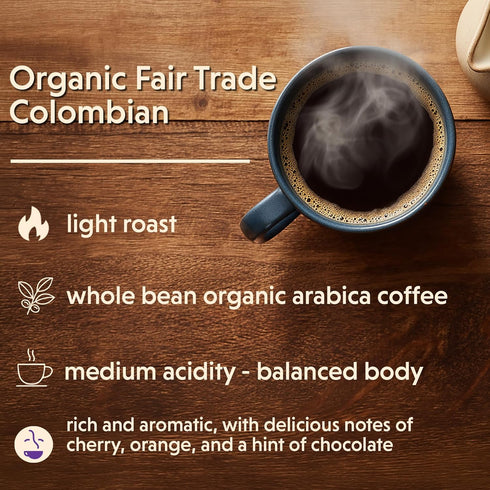 1 (Pack 1) Coffee Bean Direct Organic Fair Trade Colombian, Whole Bean Coffee, Arabica Coffee, Light Roast, Pound Bag