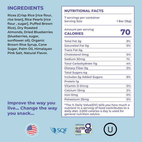 180 1 Pack, 3.22oz Snacks Pre-Meal Snack Skinny Rice Bar with Himalayan Salt (Blueberry & Almond)