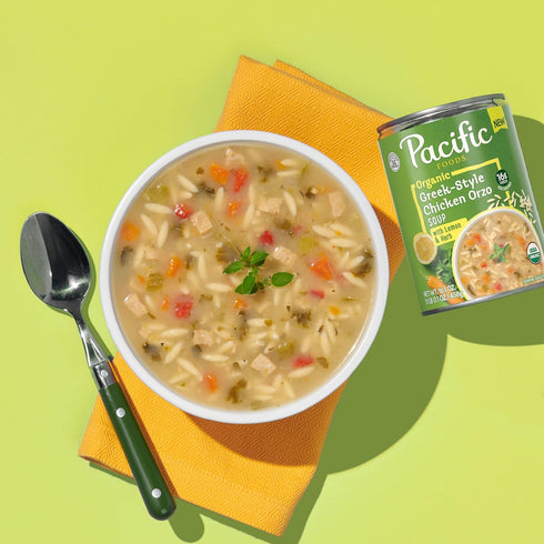 16.1 oz (12 Pack) Pacific Foods Organic Greek-Style Chicken Orzo Soup With Lemon and Herb, Can