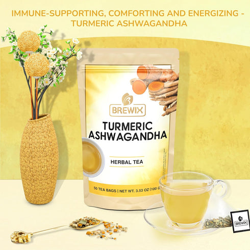 BREWIX Turmeric Ashwagandha Herbal Tea Bags (50 Pyramid Tea Bags) - Real Ingredients from India, Caffeine Free &