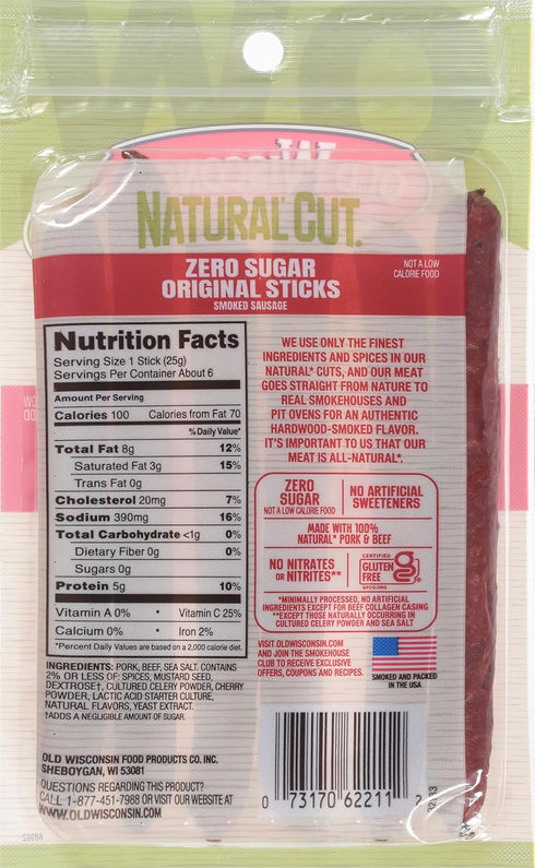 5 Old Wisconsin Natural Cut Original Sausage Snack Sticks, Zero Sugar, Naturally Smoked, Ready to Eat, High Protein