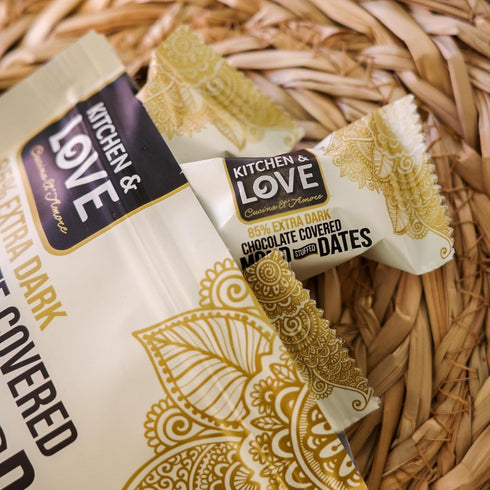 8 85% 3.5 oz (Pack 4) Kitchen & Love Chocolate Covered Almond Stuffed Dates in a Convenient Resealable Pouch