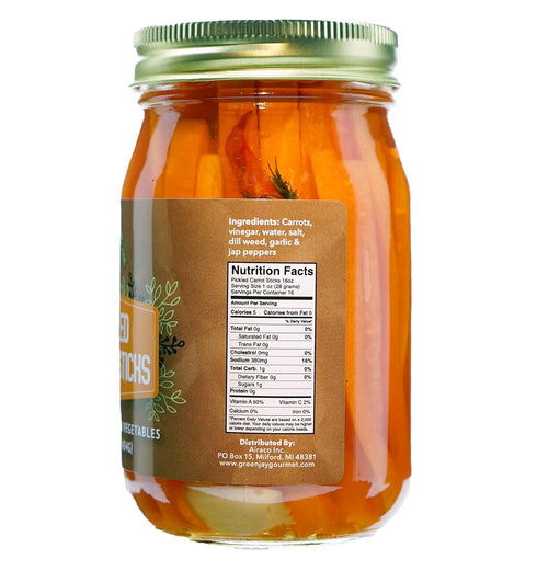 16 Green Jay Gourmet Spicy Pickled Carrot Sticks in a Jar - Fresh Hand Jarred Vegetables for Cooking & Pantry Home