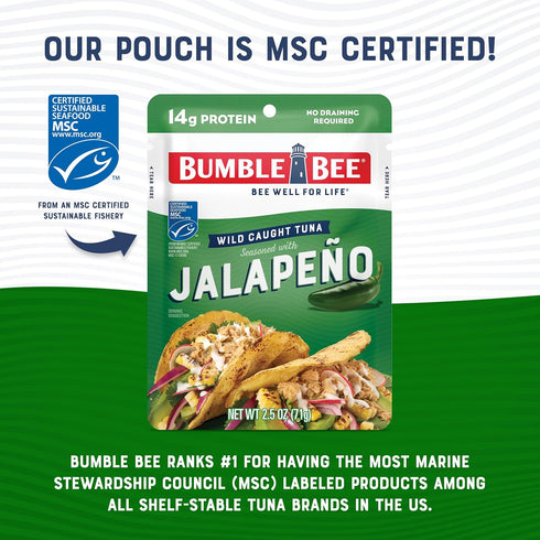 14g 2.5 oz Packet (Pack 12) Bumble Bee Jalapeno Seasoned Tuna Pouch - Wild Caught and Ready to Eat for Snack, Salad