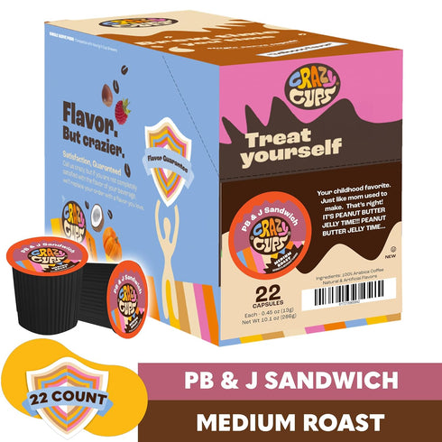 Crazy Cups Flavored Coffee for Keurig K-Cup Machines, Peanut Butter & Jelly Sandwich, 22 Single Serve Pods