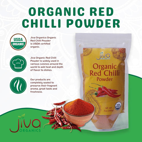 Jiva Organics Organic Red Chili Powder, 7 oz Bag, Extra Hot, Ground Indian Chillies, 100% Natural & Non-GMO
