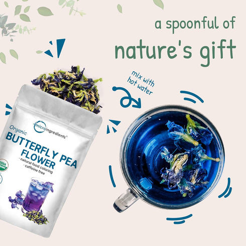 Organic Butterfly Pea Flowers, 8oz | Great for Iced or Hot Brewed Herbal Tea | Natural Blue & Purple Food Coloring