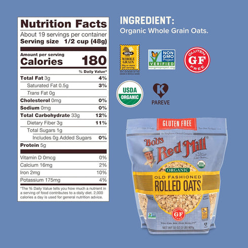 32oz (Pack 1) Bob's Red Mill Gluten Free Organic Old Fashioned Rolled Oats, of - Non GMO, Whole Grain, Vegan, Kosher