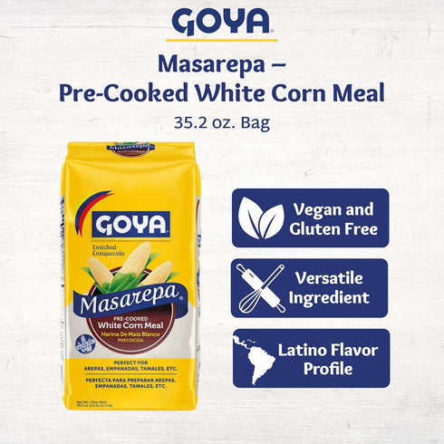 Pack 2 (35.2 oz Goya Pre-Cooked White Corn Meal for Cooking, of Bags) Authentic Masa Harina for Arepas, Empanadas