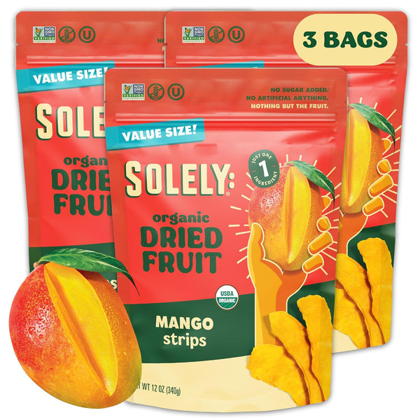 SOLELY - Organic Dried Mango Strips (12 oz Resealable Bags, Pack of