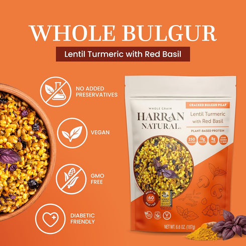 6.6 oz Harran Natural Whole Grain Bulgur Pilaf, High Protein, Lentil Turmeric with Red Basil, Ready to Eat Healthy
