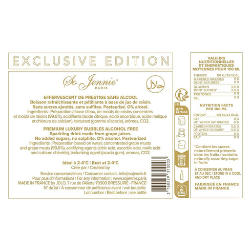 (750ml) So Jennie Paris Premium Luxury Bubbles (Alcohol Free Champagne Alternative)