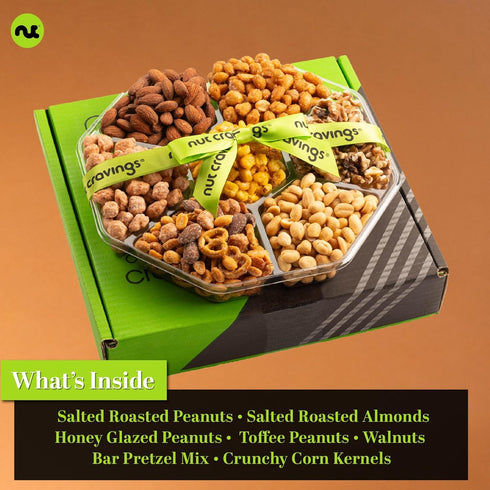 (7 1 LB) Package, NUT CRAVINGS - Easter Mixed Nuts Gift Basket + Green Ribbon Classic Assortments, Treats for Adults