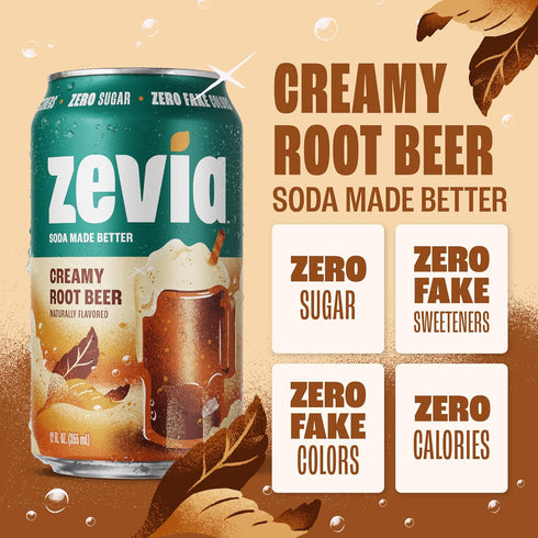 12 oz (24-Pack) Zevia Zero Sugar Soda, Creamy Root Beer, Cans Naturally Sweetened, Non-GMO Project Verified