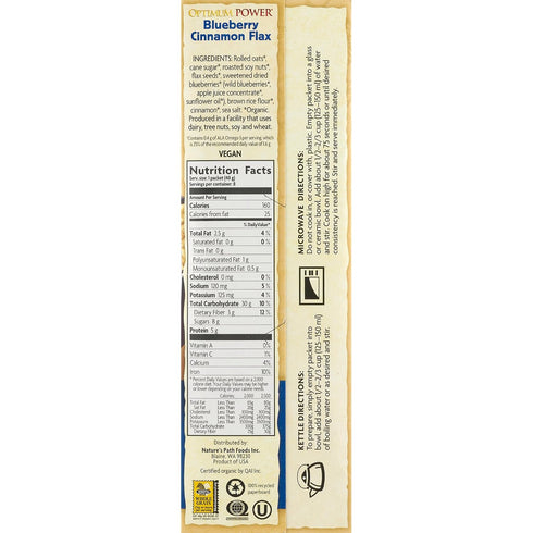8 Packets 11.2 oz (Pack 2) Natures Path Hot Oatmeal, Optimum Power Blueberry Cinnamon Flax