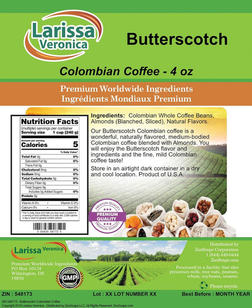 Larissa Veronica (4 oz, 548173) 3 Pack Butterscotch Colombian Coffee (Gourmet, Naturally Flavored, Whole Coffee Beans)