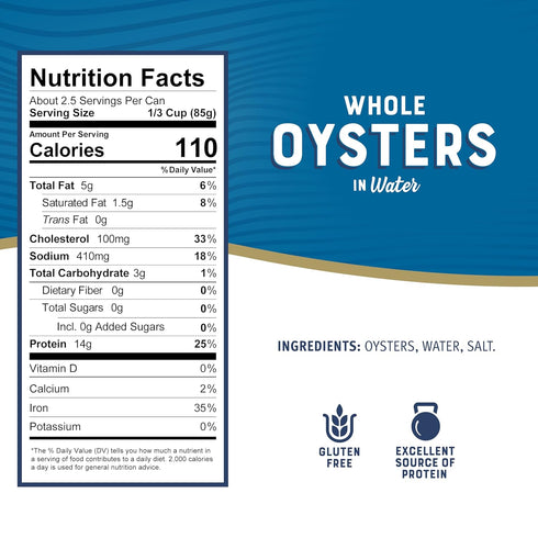 8 oz (Pack 12) 14g Bumble Bee Premium Select Whole Canned Oysters, Cans of - Ready to Eat - Protein per Serving