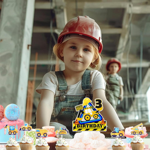 SugarGera 3rd 7-Piece Set, (3rd) Construction Cake Toppers for Kids Engineering Themed Happy Birthday Dump Truck