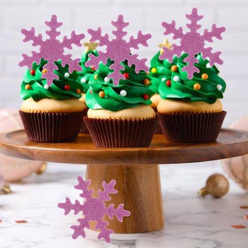 Gyufise 50Pcs Purple Edible Cupcake Toppers, Snowflakes Cake Decoration for Winter Birthday Party Supplies