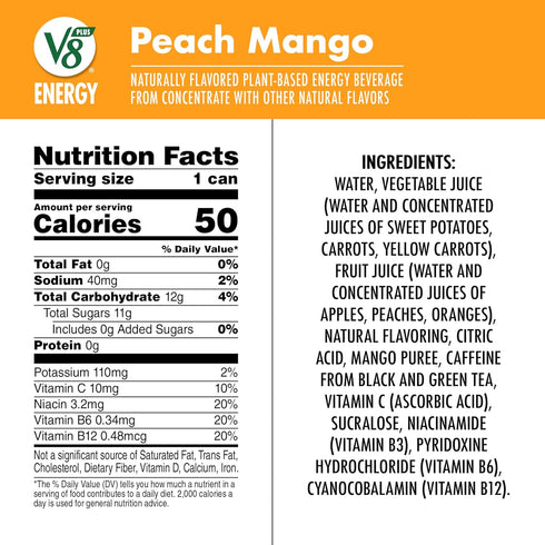 V8 8 oz (Pack 6) +Energy Peach Mango Juice Energy Drink, fl Can