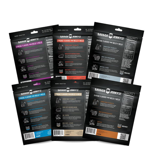(Pack 6) SAVAGE Bacon Jerky and Beef Jerky Variety - Salt & Pepper Patriot, Teriyaki, BBQ Bandit, Original, Bourbon