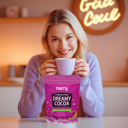 NURRY 30 6 OZ (170 Pack Nighttime Sugar-Free Hot Cocoa Mix, Calming Melatonin-Free Sleep Aid Drink, Mushroom