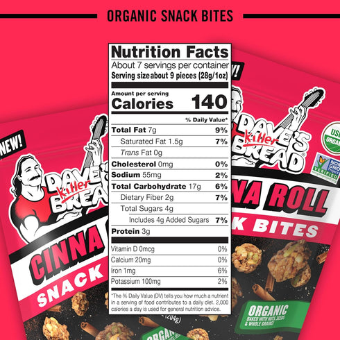 7.2 oz Dave's Killer Bread Cinna Roll Organic Snack Bites, Cinnamon Organic Snacks