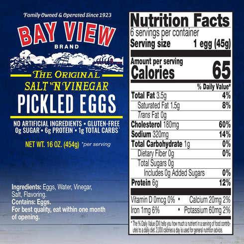 0g 6g (16oz, Bay View Pickled Eggs, No Artificial Ingredients, Gluten Free, Sugar, Protein, Fresh Grade A Eggs, Boiled