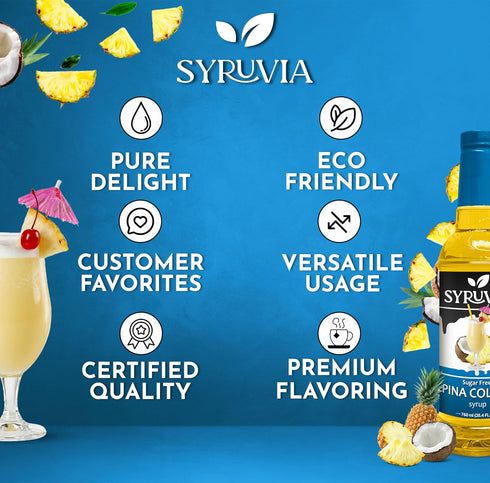 25.4 oz, Syruvia Sugar Free Pina Colada Syrup, Flavored Syrup for Cocktails, Drinks, Lemonades, Iced Teas, and Desserts