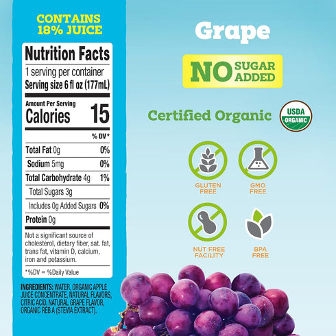 good2grow 24 Pack, 6 oz, Pack 24 Organic Grape Flavored Juice for Kids - Grape Juice Bottles Bulk Reusable Bottle, No