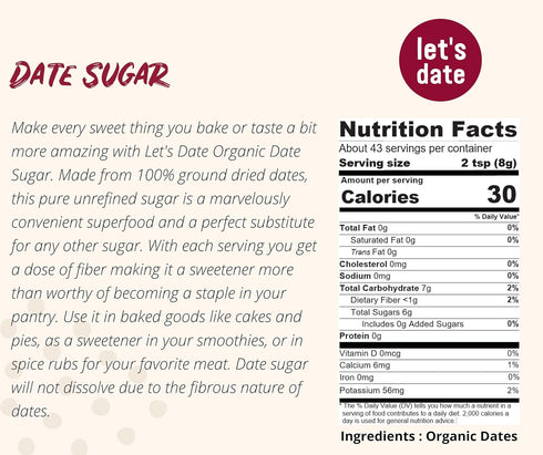 (12oz (Pack 2)) Lets Date | Organic Date Sugar | Excellent Sugar Substitute | Baking Sugar Alternative | Good Source