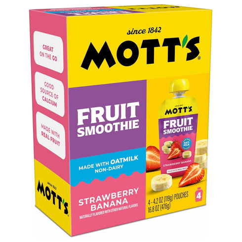 4.2 oz 24 Count (6 Packs 4), Motts Fruit Smoothies Strawberry Banana, Clear Pouches, of Non-dairy, Made With Oatmilk