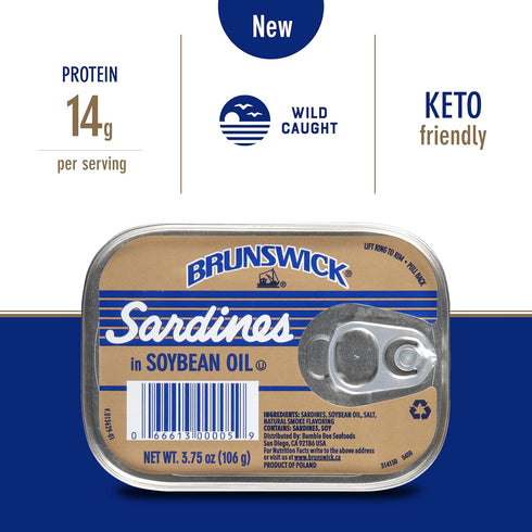 3.75 oz (Pack 12) 14g Brunswick Wild Caught Sardines in Soybean Oil, Can of - Protein per Serving - Gluten Free, Keto