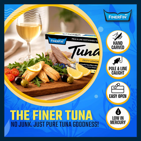 4.4 oz FinerFin Premium Zesty Lemon Yellowfin Tuna Fillets in Organic Extra Virgin Olive Oil, | Hand Cut | Gourmet