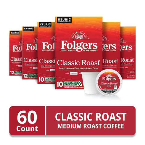 10 Count (Pack 6) Folgers Classic Roast Coffee, Medium Roast, Keurig K-Cup Pods, Box