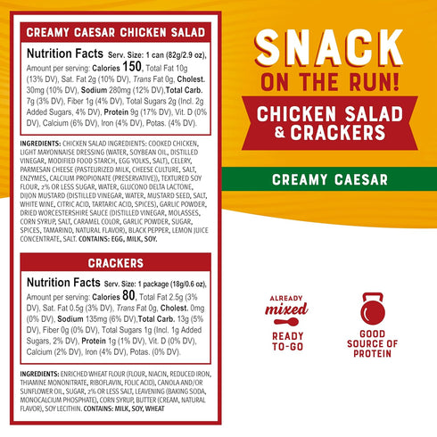 Pack 10g (Pack 12) Bumble Bee Snack On The Run! Protein Snack - Creamy Caesar Chicken Salad with Crackers - Protein per