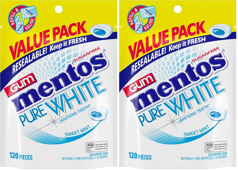Mentos Pure White Sugar-Free Chewing Gum With Xylitol, Sweet Mint, 120 Piece