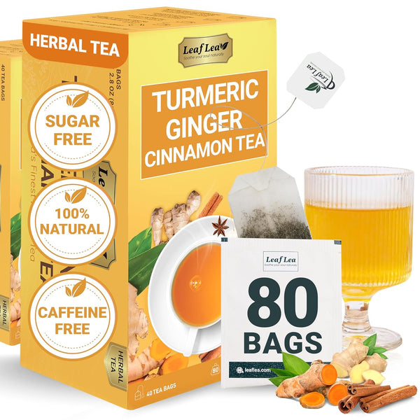 LeafLea Turmeric Tea with Ginger and Cinnamon, 80 Premium Turmeric Ginger Tea